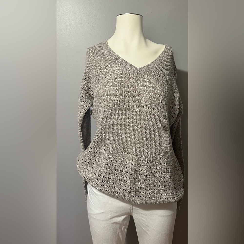 DKNY Heather Gray Crochet V-Neck Sweater